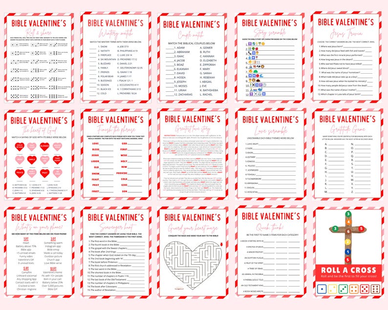 K&ouml;nnte beinhalten: Ein Satz von 12 druckbaren Bibel-Valentinstag-Spielkarten mit rotem und wei&szlig;em gestreiftem Rand. Die Spiele beinhalten: W&uuml;rfeln und Teilen, Wort-Match, Paare-Match, Geschichte durcheinanderbringen, Jesus-Quiz, Das Herz Gottes, Satz vervollst&auml;ndigen, Liebe f&uuml;r dich, Liebes-Scramble, Graffiti-Spiel, Was sind deine Pl&auml;ne, Schnitzeljagd, Bewahre dein Herz, Schnell finden und Kreuz w&uuml;rfeln.