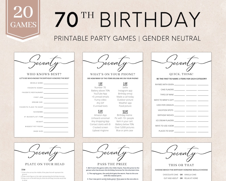 May include: Printable 70th birthday party games.  The games are gender neutral and include titles like "Who Knows Best?", "What's on Your Phone?", "Quick, Think!", "Plate on Your Head", "Pass the Prize", and "This or That".