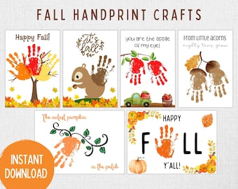 May include: Printable fall-themed handprint craft cards. The cards feature various designs, including a tree, a squirrel, an apple, acorns, a pumpkin, and a handprint with the word "Fall".