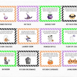 May include: A set of 10 Halloween-themed clue cards with colorful striped borders. Each card features a different Halloween-themed image and a riddle or clue. The cards are designed to be used for a scavenger hunt or game.