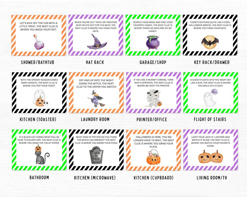 May include: A set of 10 Halloween-themed clue cards with colorful striped borders. Each card features a different Halloween-themed image and a riddle or clue. The cards are designed to be used for a scavenger hunt or game.