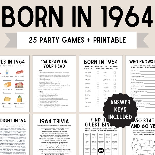 60th Birthday Party Games | Born in 1964 | 60th Birthday Games | 1964 Games | 1964 Birthday Game | 1964 Trivia | Printable 1964 Games