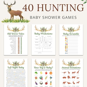 May include: A set of printable baby shower games with a woodland theme. The games include "Old Wives Tales", "Baby Predictions", "Baby Scramble", "Left Right Baby", "How Big is Baby?" and "Animal Gestations".
