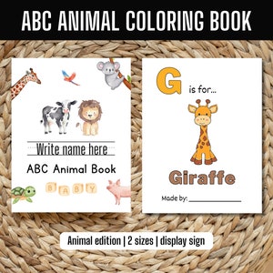 May include: A printable coloring book for kids featuring the letter G and a giraffe. The book has a white background with black outlines of the letter and animal. The text "G is for... Giraffe" is written below the image. The words "Write name here" and "ABC Animal Book" are written at the top of the page.