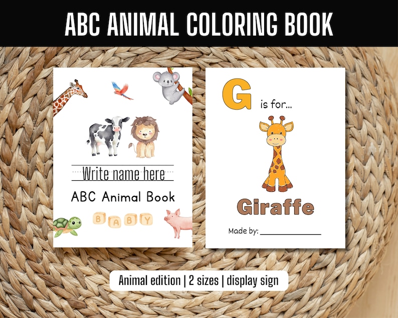 May include: A printable coloring book for kids featuring the letter G and a giraffe. The book has a white background with black outlines of the letter and animal. The text "G is for... Giraffe" is written below the image. The words "Write name here" and "ABC Animal Book" are written at the top of the page.