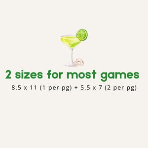 Pode incluir: Uma ilustra&ccedil;&atilde;o verde de um copo de margarita com uma fatia de lim&atilde;o. O texto abaixo diz "2 tamanhos para a maioria dos jogos 8.5 x 11 (1 por p&aacute;gina) + 5.5 x 7 (2 por p&aacute;gina)"