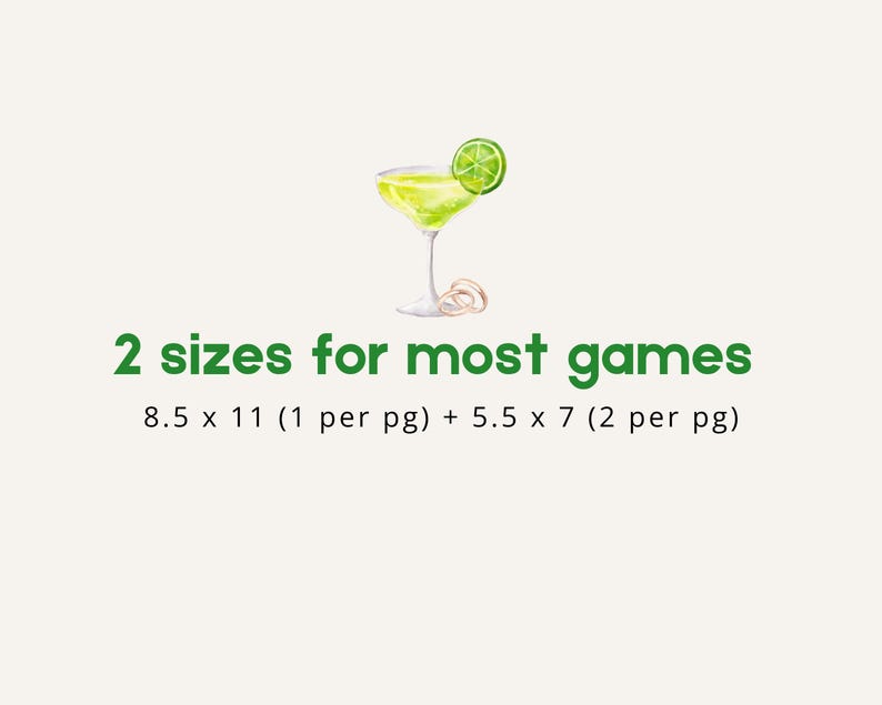 Pode incluir: Uma ilustra&ccedil;&atilde;o verde de um copo de margarita com uma fatia de lim&atilde;o. O texto abaixo diz "2 tamanhos para a maioria dos jogos 8.5 x 11 (1 por p&aacute;gina) + 5.5 x 7 (2 por p&aacute;gina)"