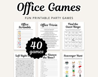 May include: A collection of printable office party games. The image features six different game sheets, including "Office Scramble," "Office Trivia," and "Find the Guest Bingo." The title "Office Games" is displayed in large, black, cursive font.