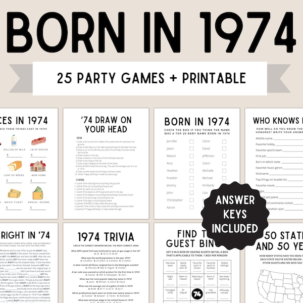 50th Birthday Party Games | Born in 1974 | 50th Birthday Games | 1974 Games | 1974 Birthday Game | 1974 Trivia | 50th Games | Printable