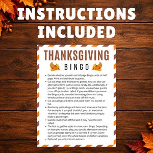 Puede incluir: Una hoja de instrucciones blanca titulada Thanksgiving Bingo con texto marr&oacute;n y gr&aacute;ficos de cornucopias. El documento detalla las reglas del juego, incluyendo la impresi&oacute;n, distribuci&oacute;n de tarjetas, uso de marcadores y condiciones de victoria.