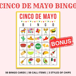 Peut inclure: Une carte de jeu de bingo Cinco de Mayo avec des illustrations color&eacute;es sur le th&egrave;me mexicain, telles qu'un cactus, un sombrero et un taco. La carte affiche le texte "CINCO DE MAYO BINGO" et un tampon "BONUS".