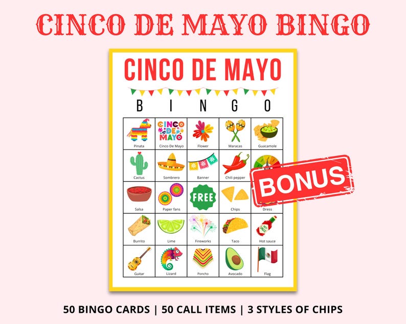 Peut inclure: Une carte de jeu de bingo Cinco de Mayo avec des illustrations color&eacute;es sur le th&egrave;me mexicain, telles qu'un cactus, un sombrero et un taco. La carte affiche le texte "CINCO DE MAYO BINGO" et un tampon "BONUS".
