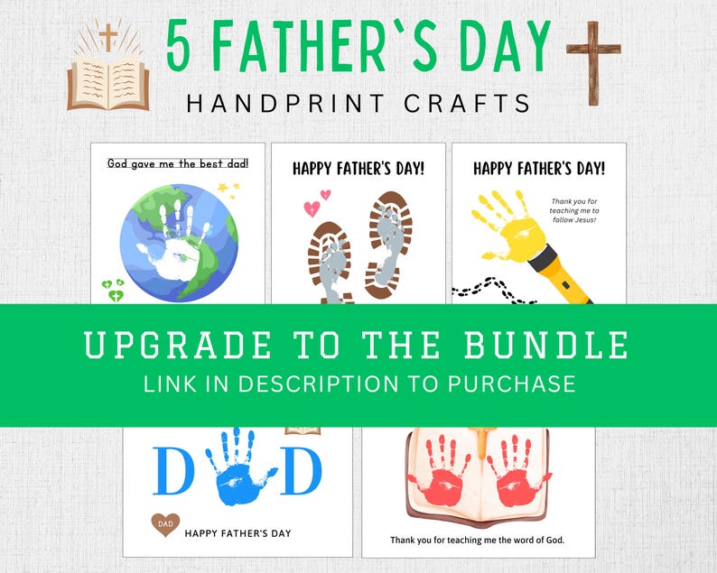 May include: Five printable Father's Day cards featuring handprint crafts. The cards include a variety of designs, such as a handprint on a globe, footprints, a handprint on a flashlight, a handprint on a Bible, and a handprint spelling out "DAD".
