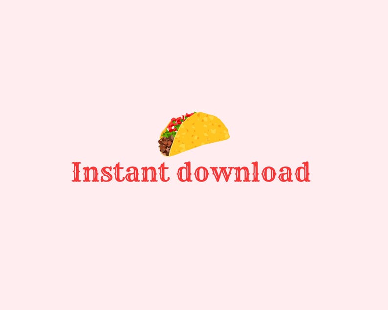 Peut inclure: Illustration de taco avec une coquille jaune, garni de viande, de laitue et de tomates, sur fond rose clair. Le texte rouge en dessous indique "T&eacute;l&eacute;chargement instantan&eacute;".