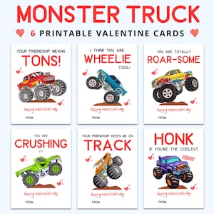 Monstertruck Valentinstag | Valentinstag für Klasse | Valentinstag für Jungen | Ausdruckbare Valentinstage für Kinder | LKW-Valentinstag | Schule Valentines