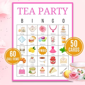 Op de afbeelding: Een roze en witte "Tea Party Bingo" spelkaart met illustraties van thee-gerelateerde items. De kaart bevat de tekst "Tea Party Bingo", "60 Call Items" en "50 Cards".