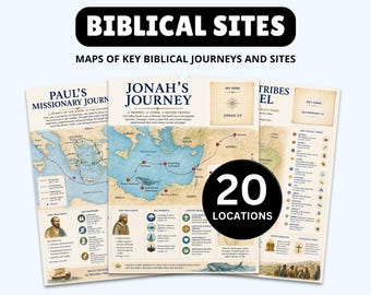 Op de afbeelding: Drie educatieve posters getiteld BIBLICAL SITES, MAPS OF KEY BIBLICAL JOURNEYS AND SITES, met kaarten van de reis van Paulus, de reis van Jona en de twaalf stammen van Israël, met een zwarte cirkel met de tekst 20 LOCATIONS.