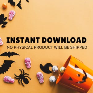 May include: A digital download of Halloween-themed graphics. The image shows a variety of Halloween-themed items, including sweets, bats, spiders, and a pumpkin-shaped bucket. The text "INSTANT DOWNLOAD NO PHYSICAL PRODUCT WILL BE SHIPPED" is displayed on a light orange background.