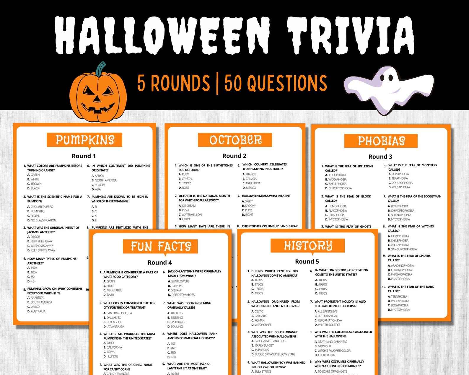 Halloween Trivia Game  5 Rounds 50 Questions Printable