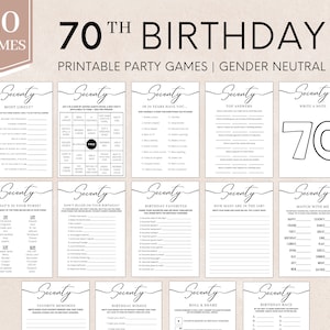 May include: A set of 20 printable party games for a 70th birthday. The games are gender neutral and feature a black and white design with the word "Seventy" in a script font.