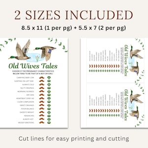 May include: Two printable game cards featuring a list of old wives' tales about pregnancy. The cards are decorated with green leaves and watercolor illustrations of ducks. The text on the cards reads "Old Wives Tales" and includes a list of pregnancy characteristics, such as "carrying baby low" and "always cold".