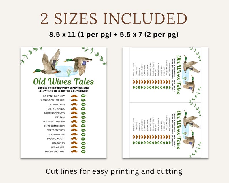 May include: Two printable game cards featuring a list of old wives' tales about pregnancy. The cards are decorated with green leaves and watercolor illustrations of ducks. The text on the cards reads "Old Wives Tales" and includes a list of pregnancy characteristics, such as "carrying baby low" and "always cold".