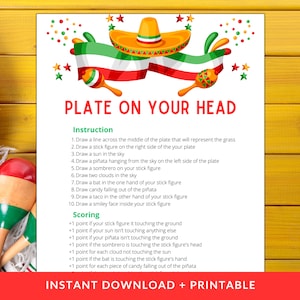 Puede incluir: Instrucciones imprimibles para un juego de fiesta llamado "Plato en la cabeza". Las instrucciones incluyen dibujar una línea para la hierba, una figura de palo, un sol, una piñata, un sombrero, nubes, un murciélago, caramelos, un taco y una cara sonriente. La sección de puntuación enumera los puntos para cada elemento dibujado correctamente.