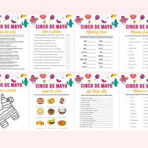 Peut inclure: Huit feuilles de jeu sur le th&egrave;me du Cinco de Mayo sur fond rose. Chaque feuille pr&eacute;sente des graphiques color&eacute;s de sombreros, de cactus et de maracas. Les jeux incluent "Passer le prix", "Fait ou fiction" et "Cuisine mexicaine".