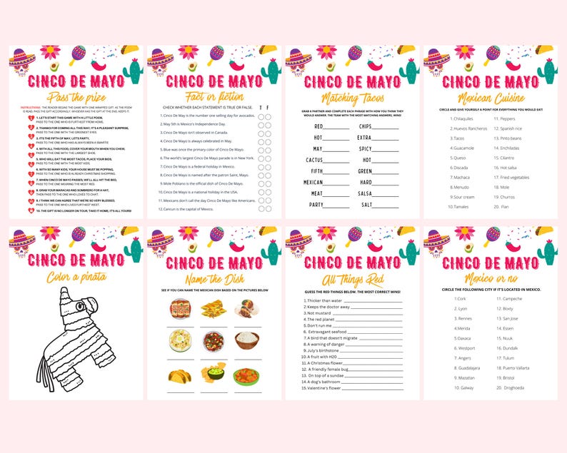 Peut inclure: Huit feuilles de jeu sur le th&egrave;me du Cinco de Mayo sur fond rose. Chaque feuille pr&eacute;sente des graphiques color&eacute;s de sombreros, de cactus et de maracas. Les jeux incluent "Passer le prix", "Fait ou fiction" et "Cuisine mexicaine".