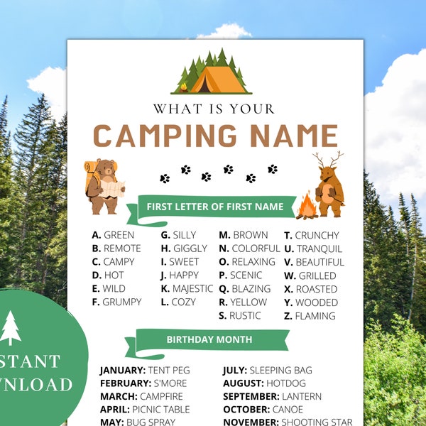 Whats your camping name | Camping Games | Camping Games Kids Families Adults | Camping Games Printable | Camping Activities | Campfire Games