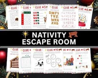 May include: A collection of twelve Christmas-themed clue cards for a Nativity Escape Room game. Each card features a different puzzle or riddle, with colorful illustrations and text. The title "NATIVITY ESCAPE ROOM" is displayed prominently.