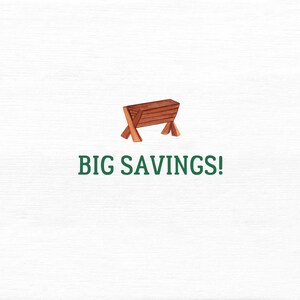 Op de afbeelding: Een houten kribbe met de tekst "BIG SAVINGS!" in groene letters.
