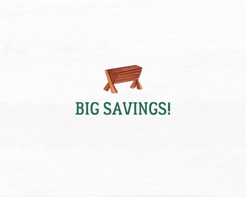 Op de afbeelding: Een houten kribbe met de tekst "BIG SAVINGS!" in groene letters.