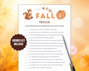 Puede incluir: Un juego de trivia de otoño imprimible con una ilustración de ardilla y calabaza. El juego incluye 15 preguntas de verdadero o falso sobre el otoño, con una clave de respuestas incluida. El título "FALL TRIVIA" se muestra en letras naranjas.