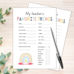 Teacher&#39;s Favorites | All About My Teacher | Teacher Survey | Teacher Appreciation Printable | Back to School Questionnaire | Get to know me