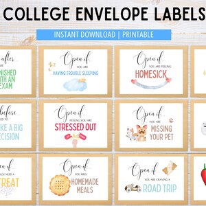 May include: Twelve printable envelope labels with different watercolor illustrations and text. The text on the labels includes phrases like "Open if you are feeling homesick" and "Open after you are finished with an exam".
