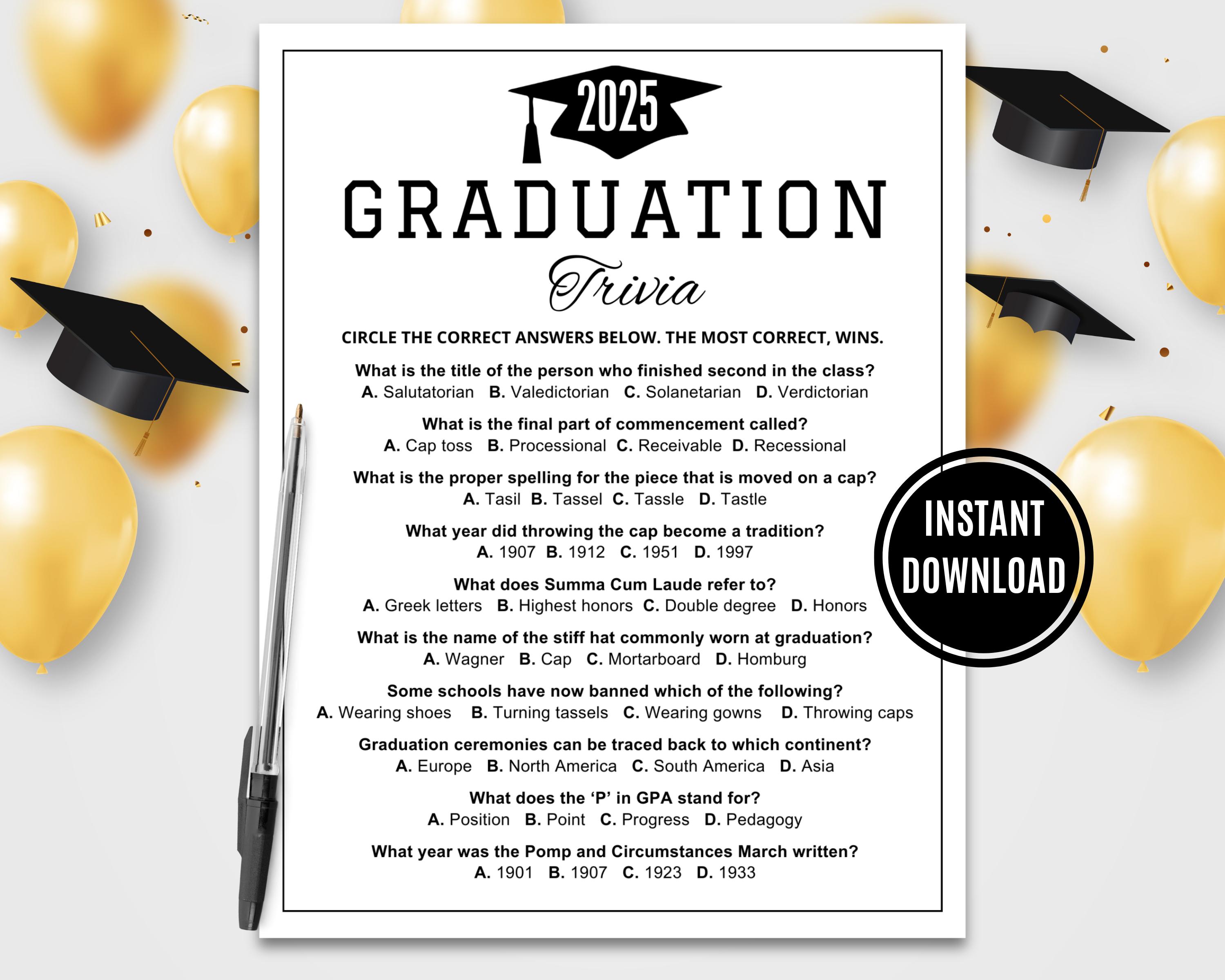 Graduation Trivia | Fun Graduation Game | 2025 Graduation Games | Graduation Games | Graduation Party Games | Graduation Games Printable