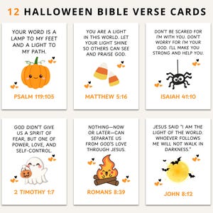 May include: A collection of 12 Halloween Bible verse cards. Each card displays a different verse alongside illustrations such as a pumpkin, candy corn, spider, ghost, campfire, and a moon with bats. The text includes the verse reference.