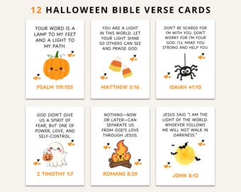 May include: Set of 12 Halloween-themed Bible verse cards. Each card features a different verse with accompanying illustrations, including a pumpkin, candy corn, spider, ghost, campfire, and a moon with bats. The text includes the verse reference.