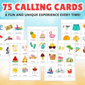 May include: A collection of summer-themed calling cards with illustrations of a beach ball, sunglasses, and a sailboat. The cards are titled "75 Calling Cards" and "A Fun and Unique Experience Every Time!"