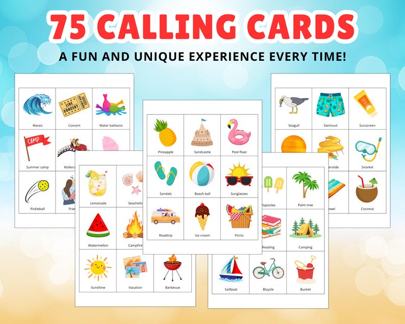 May include: A collection of summer-themed calling cards with illustrations of a beach ball, sunglasses, and a sailboat. The cards are titled "75 Calling Cards" and "A Fun and Unique Experience Every Time!"