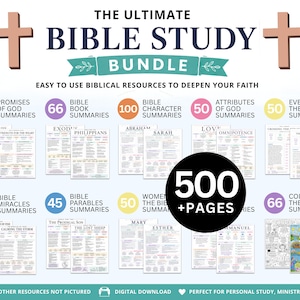 Puede incluir: Un paquete digital de estudio bíblico con el texto "THE ULTIMATE BIBLE STUDY BUNDLE". El paquete incluye resúmenes de promesas, libros, personajes, atributos y eventos. También incluye resúmenes de milagros, parábolas y mujeres de la Biblia. El paquete tiene más de 500 páginas.
