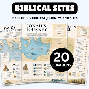Pode incluir: Uma coleção de três cartazes educativos intitulados BIBLICAL SITES, MAPS OF KEY BIBLICAL JOURNEYS AND SITES, apresentando mapas da viagem missionária de Paulo, a viagem de Jonas e as doze tribos de Israel, com um emblema 20 LOCATIONS.