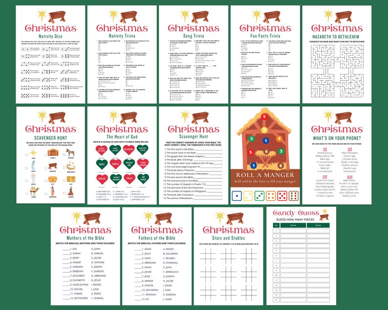 Op de afbeelding: Een set met printbare kerstspellen met een groene achtergrond en een bruin kribbe-thema. De spellen omvatten een kerststal-dobbelspel, een kerststal-quiz, een liedjes-quiz, een quiz met leuke weetjes, een speurtocht, een rol-de-kribbe-spel, een wat-zit-er-op-je-telefoon-spel, een snoep-raadspel, een moeders-van-de-bijbel-spel, een vaders-van-de-bijbel-spel en een sterren-en-stallen-spel.