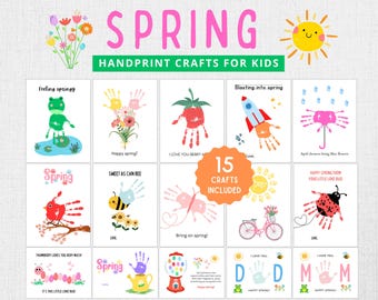 May include: A set of 15 printable handprint craft cards for kids featuring spring themes like a ladybug, a bee, a frog, a rocket, a strawberry, and a flower bouquet. The cards include the text "Spring" and "15 Crafts Included".