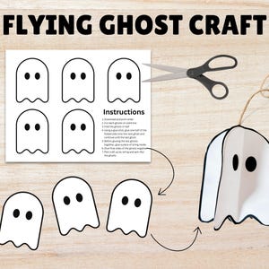 May include: A craft project labelled "FLYING GHOST CRAFT" showing a sheet of ghost cutouts, instructions, scissors, and a finished paper ghost. The ghosts are white with black eyes. The scissors are black and silver.