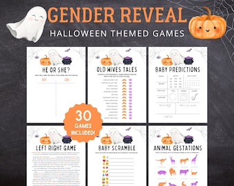 May include: A set of printable Halloween-themed baby shower games. The games include "He or She?", "Old Wives Tales", "Baby Predictions", "Left Right Game", "Baby Scramble", and "Animal Gestations".