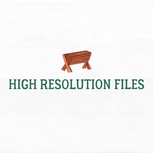 Op de afbeelding: Een eenvoudige illustratie van een houten kribbe, een traditioneel symbool van Kerstmis, met de tekst "HIGH RESOLUTION FILES" eronder.