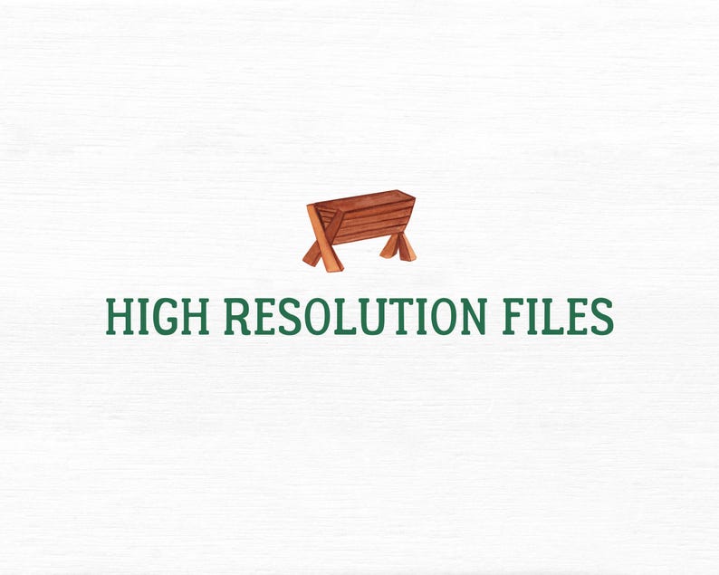 Op de afbeelding: Een eenvoudige illustratie van een houten kribbe, een traditioneel symbool van Kerstmis, met de tekst "HIGH RESOLUTION FILES" eronder.