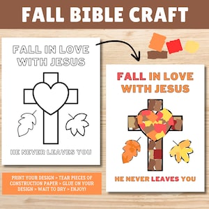May include: A printable craft activity for children featuring a cross with a heart in the centre. The heart is surrounded by autumn leaves. The text "Fall in Love with Jesus" and "He Never Leaves You" is included.